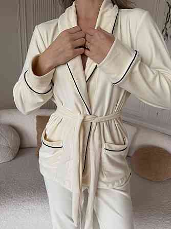 Жіноча затишна піжама: халат-кімоно, штани + пов'язка на голову велюр Молочний, 42/44 Одеса