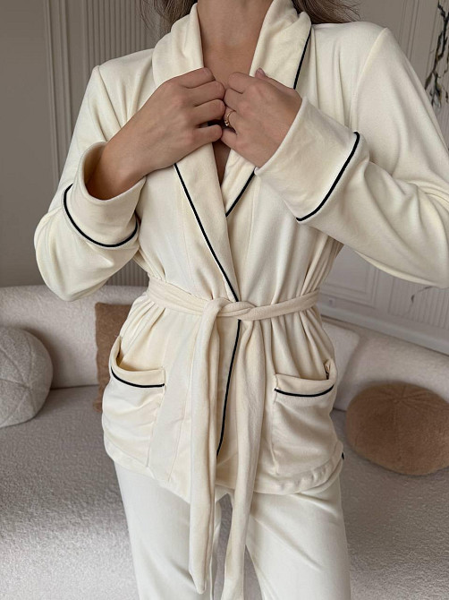 Жіноча затишна піжама: халат-кімоно, штани + пов'язка на голову велюр Молочний, 42/44 Одеса - фото 6