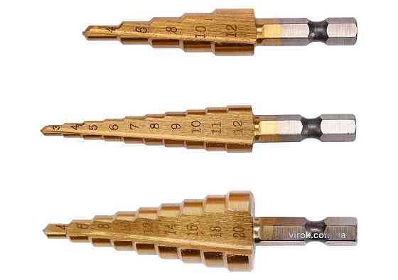 Свердла конічні титанові по металу YATO, HEX-1/4", HSS, для отворів Ø=3-12мм, 4-12мм,4-20мм; 3шт[40] Одеса