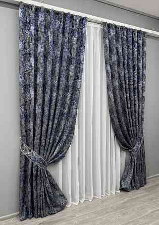 Комплект готових штор VR-Textil Льон Преміум № 1835ш Сірий з синім 150х295 см 2 шт (33-0827) Київ