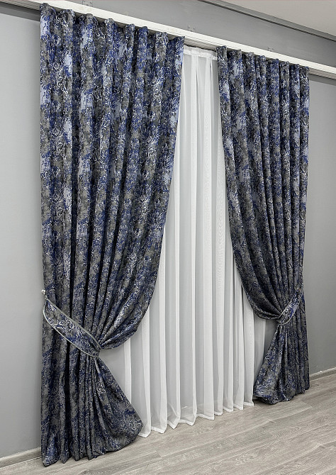 Комплект готових штор VR-Textil Льон Преміум № 1835ш Сірий з синім 150х295 см 2 шт (33-0827) Київ - фото 3