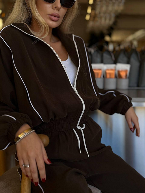 Женский стильный костюм двойка: кофта и штаны в спортивном стиле купра с бархатным напылением Шоколад, 44/46 Одесса - изображение 4