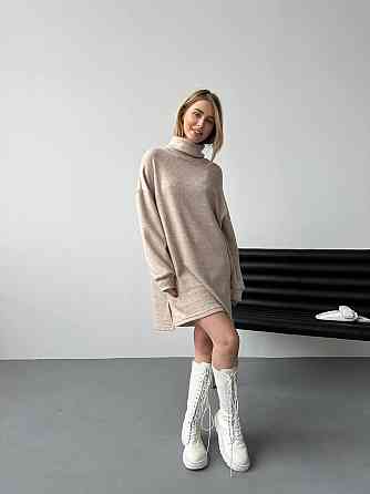 Женское теплое базовое платье турецкое двухсторонняя ангора Бежевый Одесса