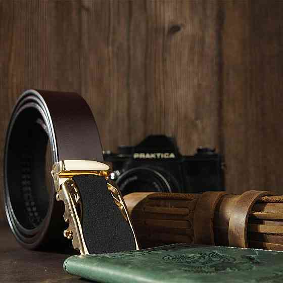 Ремінь чоловічий з золотистою пряжкою автомат Коричневий (Vintage) Київ