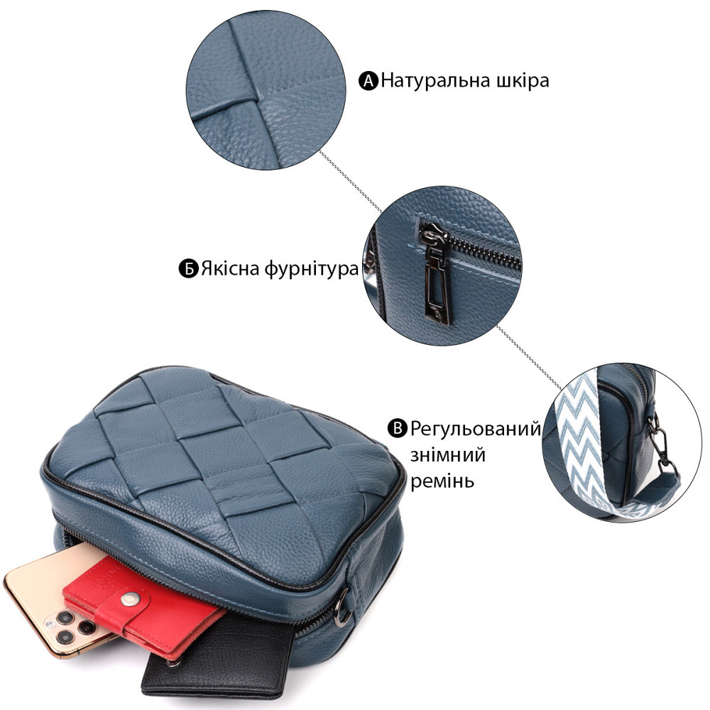 Шкіряна сумка з палітурками для стильних жінок Vintage 22408 Синя Київ - фото 5