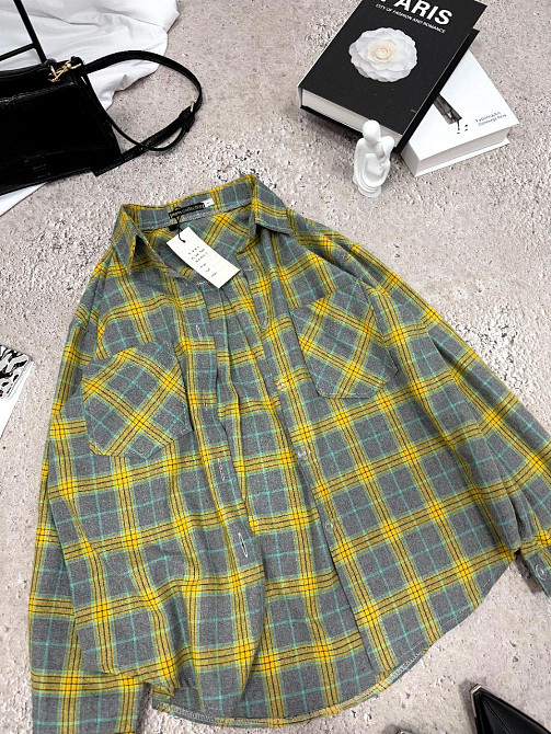 Женская повседневная оверсайз рубашка в клетку фланель 100% коттон Желтый, 48/52 Одесса - изображение 1