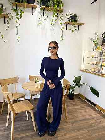 Жіночий базовий прогулянковий костюм двійка: лонгслів і штани турецька віскоза. Синій, 48/50 Одеса