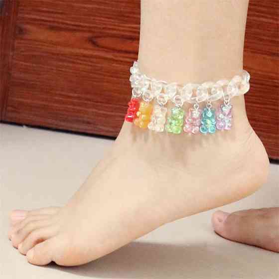 Браслет з мармеладними ведмедиками на ногу чорно-білий - довжина 18см + 4см, регулюється, смола, цинковий сплав Київ