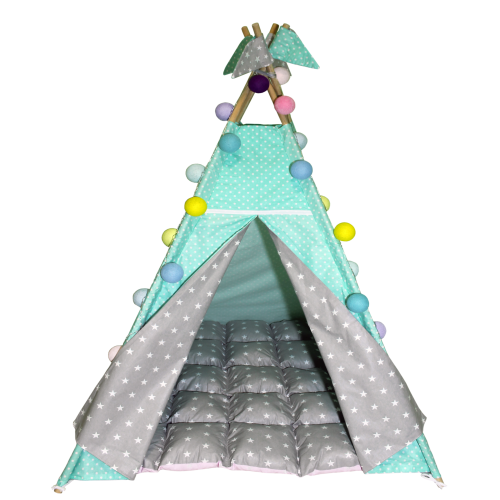 Вігвам Хатка комплект Зірки з м'яким килимком М'ятний із сірим — Великий 150*150 см Київ