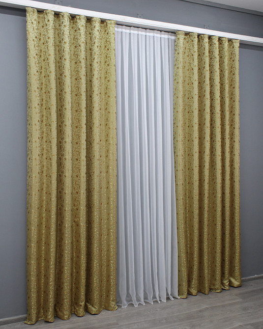 Комплект готовых штор VR-Textil Жаккард № 1588ш Золотистый 140х270 см 2 шт (33-0455) Киев - изображение 4