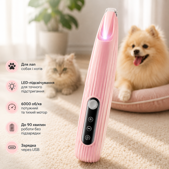 Триммер для лап собак и кошек, машинка для стрижки шерсти Gurelax, LED-подсветка, 6000 об/мин, 90 мин работы, розовый Киев