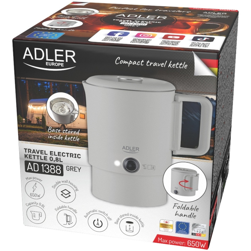 Електрочайник Adler AD 1388g дорожній 650Вт/ 0.8л/ подвійні стінки/ автовимкнення/сірий Вінниця - фото 9