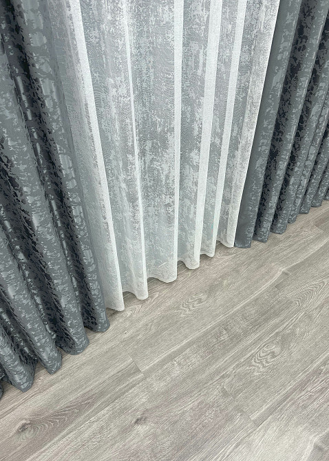 Комплект штор VR-Textil Льон Мармур 100х270 2шт і Тюль 300х270 1262ш-1400т Графітовий з білим 71-132/1 Київ - фото 8