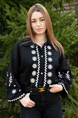 Жіноча сорочка з вишивкою, вишиванка з довгим рукавом лляна чорна топ 42 Київ