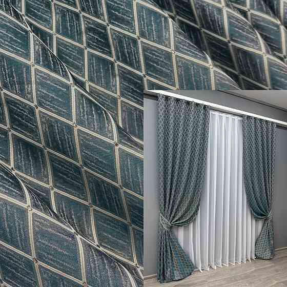 Комплект готових штор VR-Textil Жакард RUBI № 1761ш Темно-лазурний з молочним 150х300 см 2 шт (33-0721) Київ