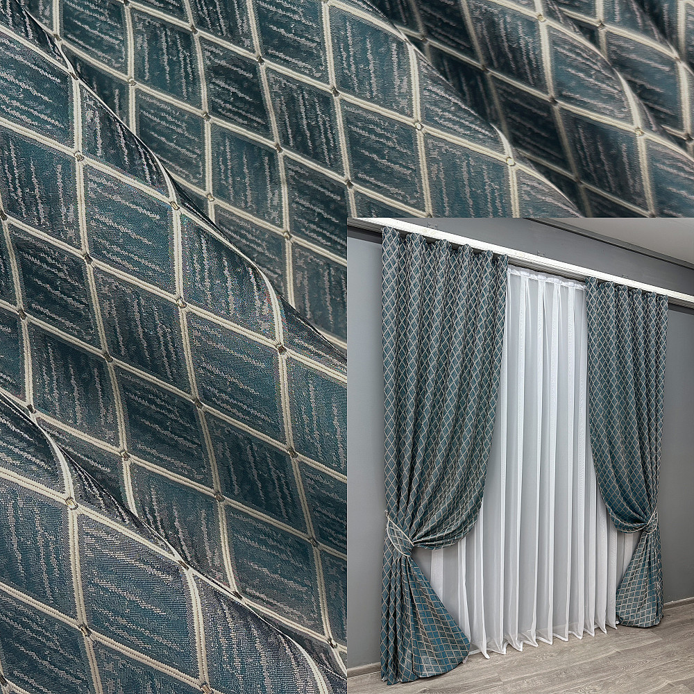 Комплект готових штор VR-Textil Жакард RUBI № 1761ш Темно-лазурний з молочним 150х300 см 2 шт (33-0721) Київ - фото 1