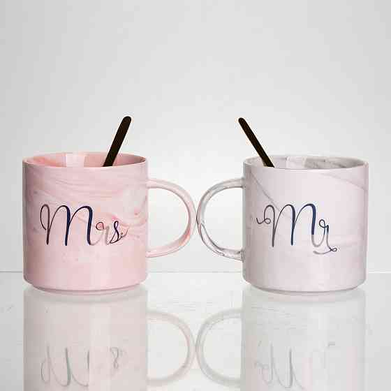 Yiwu Набір парних порцелянових чашок Mr&Mis 2 (шт) по 400 (мл) чашки на подарунок з ложкою FM-2 Коломия