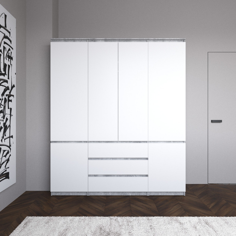 Шкаф со штангой и полками, комплект из 2 пеналов с полками и 1 шкаф со штангой с 3 шухлядами R9+R22-2 Бетон-Белый фасад Львов - изображение 1