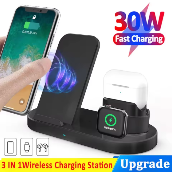 Беспроводная зарядная станция 4 в 1 eSTUFF ES638006 30W для iPhone, Apple Watch, AirPods и USB-устройств Киев