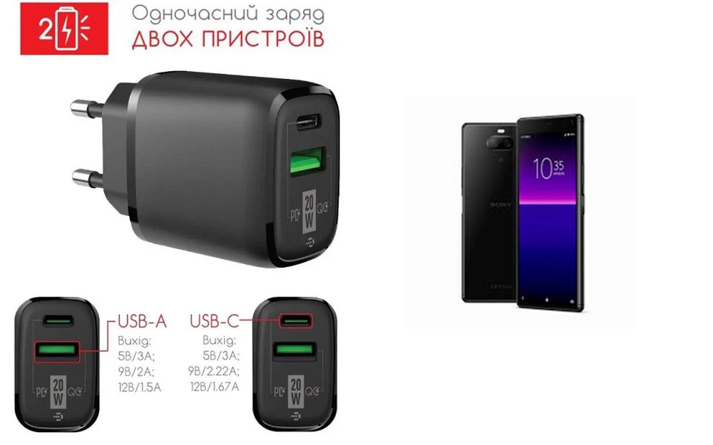 Сетевое зарядное устройство для Sony Xperia 8 Lite, 20W 3A, Quick Charge 3.0 Киев - изображение 1