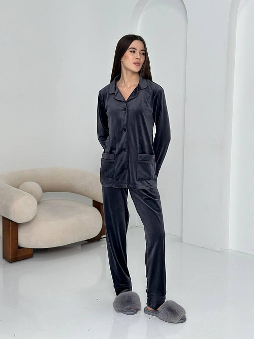 Костюм из плюшевого велюра на пуговицах с двумя карманами Графитовый XL Харьков - изображение 1