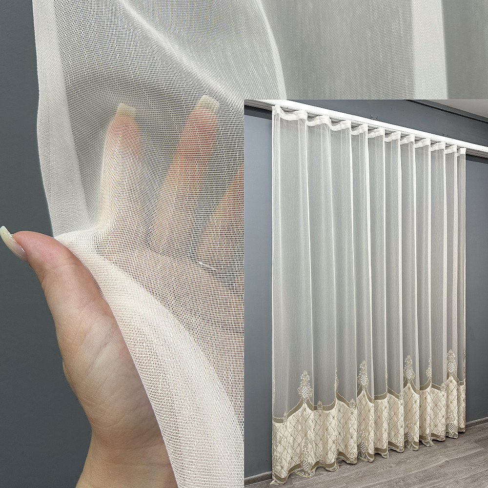Тюль VR-Textil 1813т Бамбук с вышивкой и бархатом Айвори с бежевым 300х270 см (40-112) Киев - изображение 1