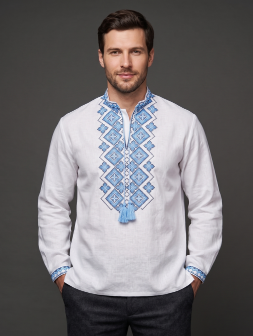 Мужская рубашка-вышиванка в праздничном стиле с геометрическим орнаментом 58 Киев - изображение 3