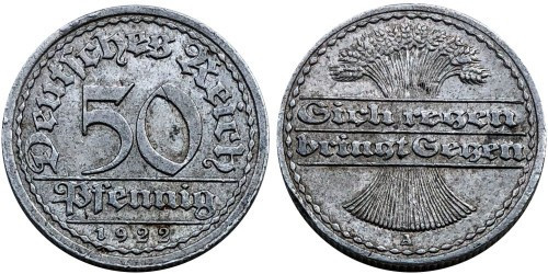 Монета 50 пфеннігів 1922 «А» Німеччина Веймарська республіка. Полтава - фото 1