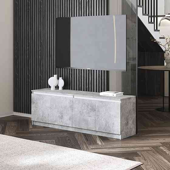 Тумба под телевизор VAYS в гостиную, современная с полками, без ручек R-31 Бетон-Белые планки Львов