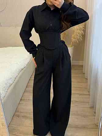 Жіночий стильний трендовий повсякденний костюм льон жатка Чорний, 48/50 Одеса