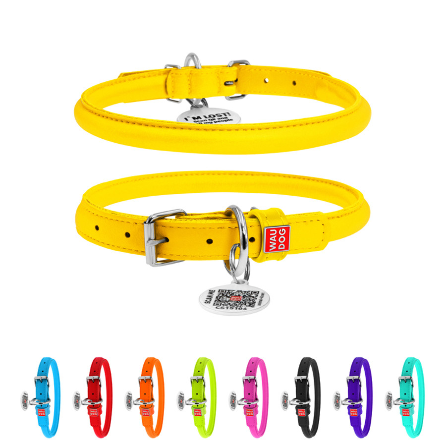 Нашийник для собак шкіряний WAUDOG Glamour з QR паспортом, круглий, Д 13 мм, Дов 45-53 см жовти Коломия - фото 1