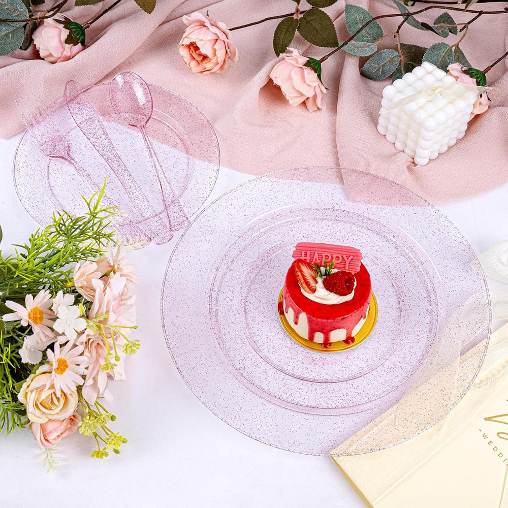 Набор тарелок пластиковых круглые 4 шт, десертные 19 см и обеденные 26 см,розовые прозрачные с блёстками Каменец-Подольский - изображение 7