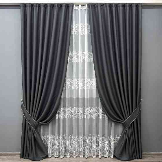 Комплект штор VR-Textil Лен Мешковина 200х270 2шт и Тюль 600х270 1161ш-1675т Графитовый с белым 71-164/7 Киев
