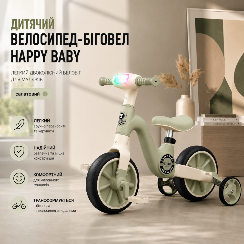 Детский беговел-трансформер 3-в-1 Happy Baby: легкий велобег со светом, музыкой и колесами для тренировок, Бело-черный Киев - изображение 9