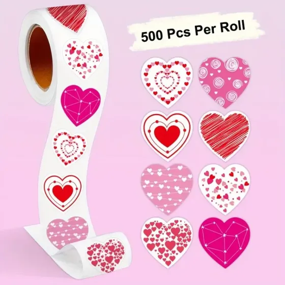 Наліпки у формі серця – рулон 500 шт, 10 різних дизайнів, 2,5 см Київ