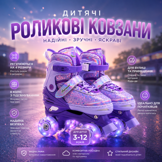 Детские раздвижные роликовые коньки квадры vleoX с светящимися LED-колесами фиолетовые ролики для девочек и мальчиков Киев