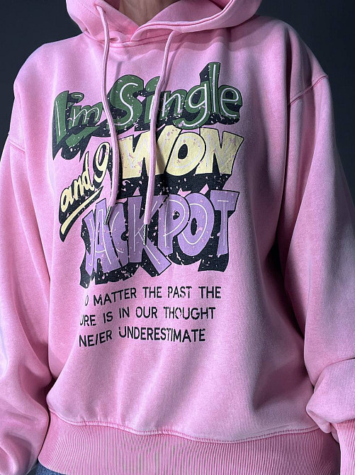 Худи женский A-N 25040 удлиненный оверсайз с капюшоном вареный дай цветная надпись впереди one size, розовый, one size Киев - изображение 10