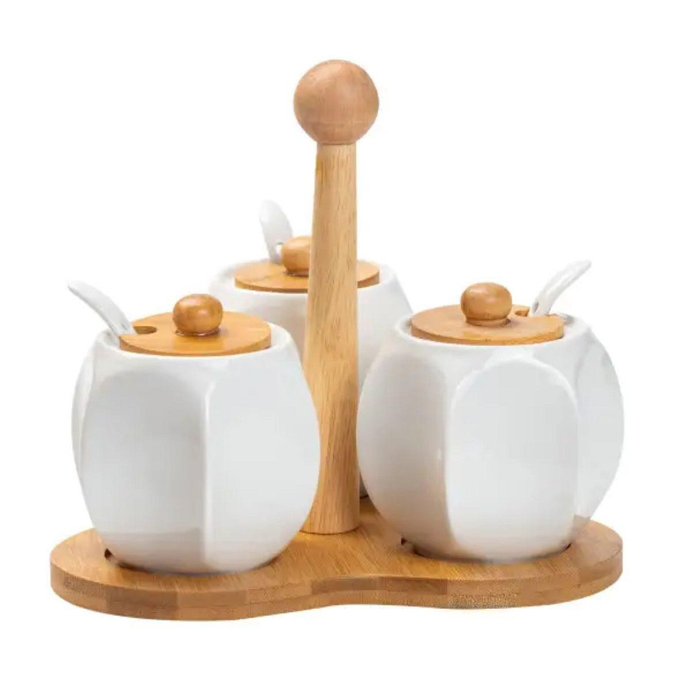 Набір банок для сипучих продуктів 3 шт по 200 мл, на бамбуковій підставці HP1201 Київ - фото 1