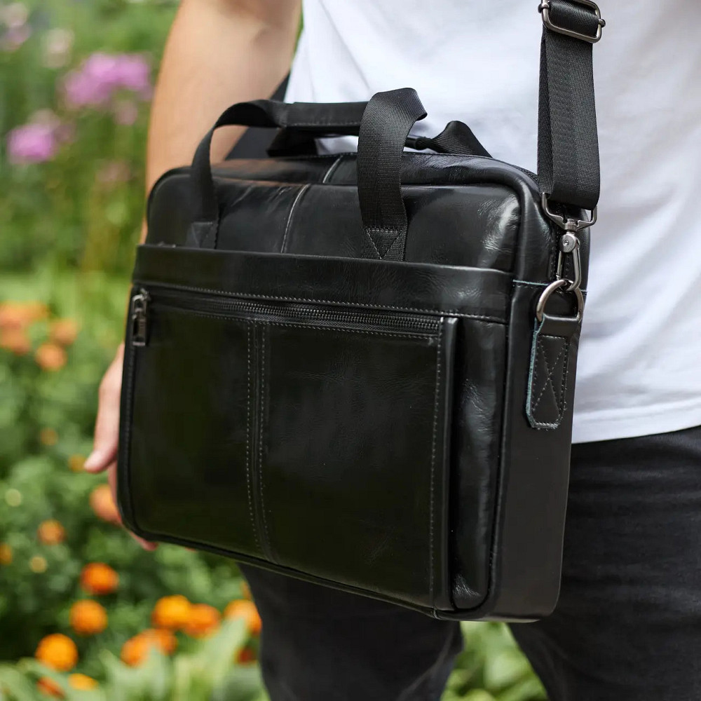 Чоловіча шкіряна ділова сумка портфель для речей і документів Tiding Bag Чорна 38х28х8см Київ - фото 2