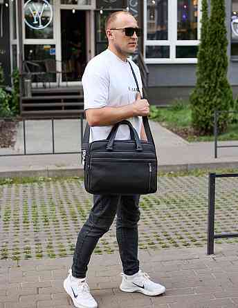 Офисная мужская сумка через плечо 39х29х10, кожаный портфель-мессенджер для бизнеса, черный Киев