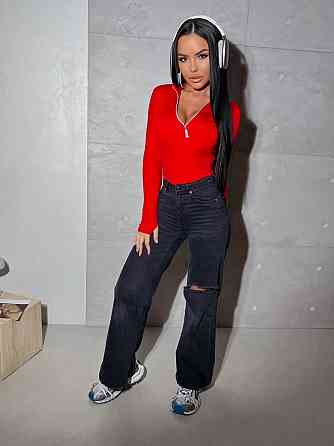 Жіночий стильний стильний боді на блискавці з розрізом під пальчик Мікродайвінг Червоний Одеса