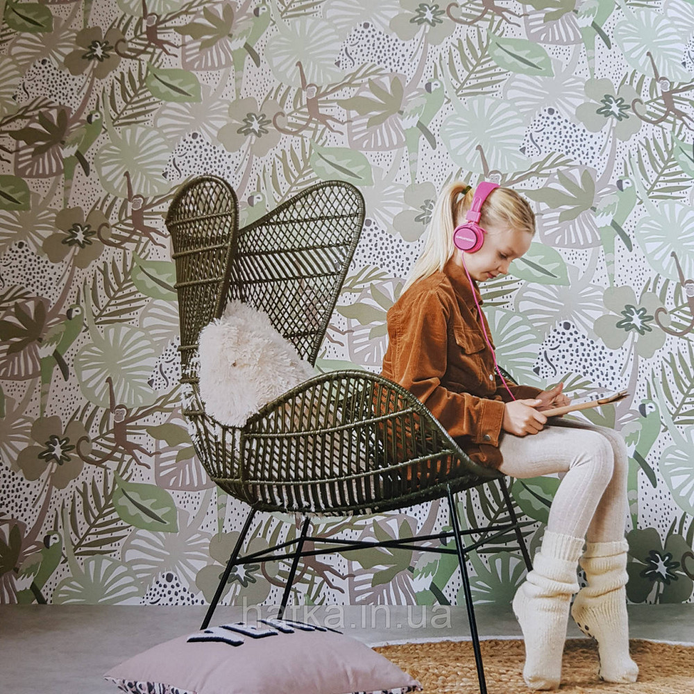 Шпалери флізелінові BN Doodleedo 0,53 х 10 м дитячі тропіки мавпи, папуги пальми монстери зелені сірі Київ - фото 1