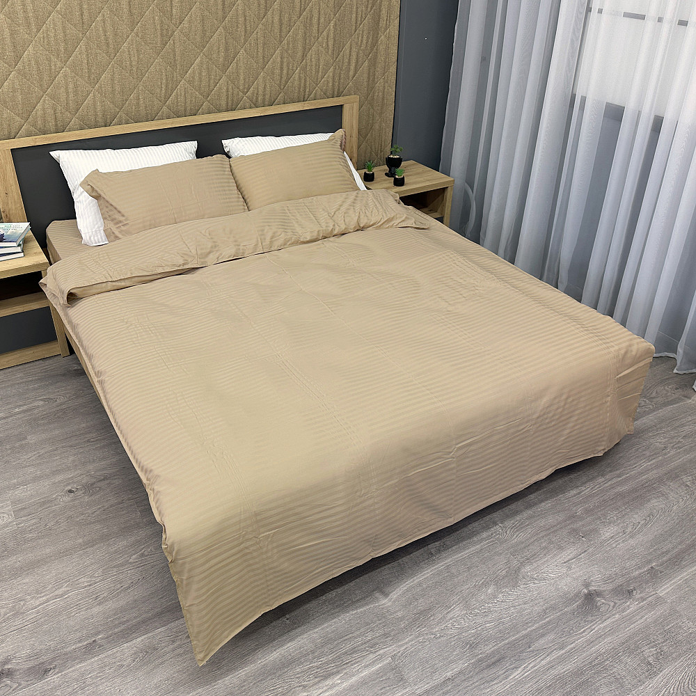 Комплект постельного белья Страйп-сатин Двуспальный 180х220 с простыней на резинке Бежевый (88-161) Киев - изображение 2