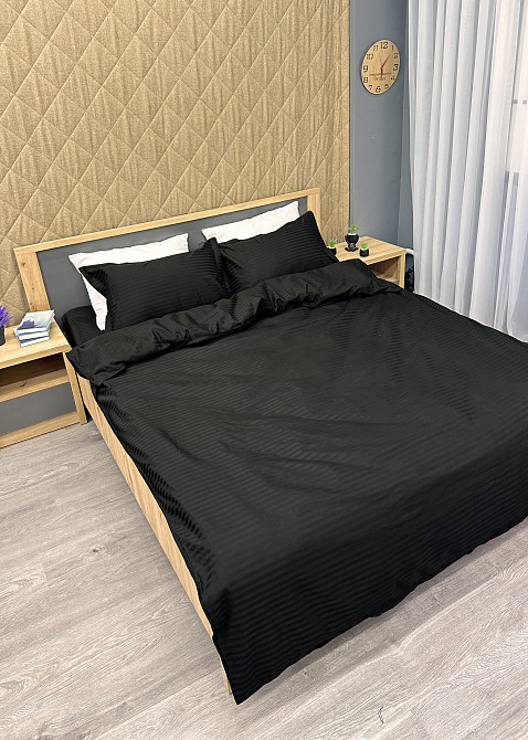 Комплект постельного белья Страйп-сатин Двуспальный 180х220 с простыней на резинке Черный (88-118) Киев - изображение 4