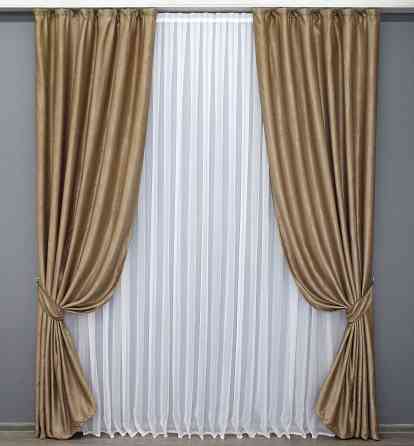 Комплект готовых штор VR-Textil Лен Парма № 1354ш Темно-золотистый 100х270 см 2 шт (31-583) Киев