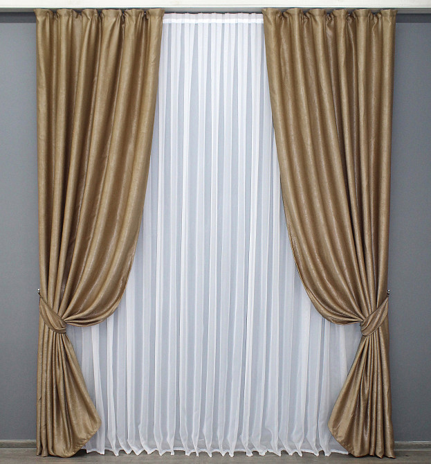 Комплект готовых штор VR-Textil Лен Парма № 1354ш Темно-золотистый 100х270 см 2 шт (31-583) Киев - изображение 2