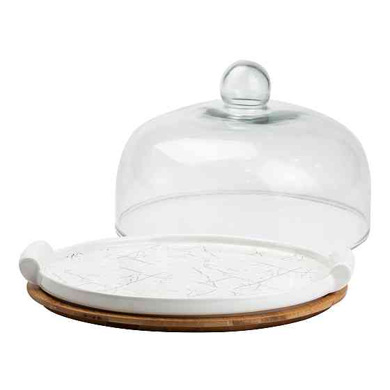 Yiwu порцелянова тортівниця зі скляною кришкою на бамбуковій підставці Киев