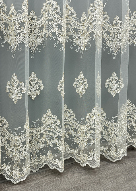Тюль VR-Textil 1847т Фатин с вышивкой и люрексом Молочный с золотистым 300х270 см (40-201) Киев - изображение 7