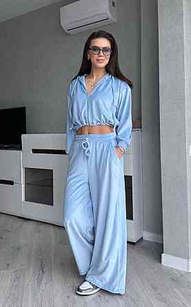 Жіночий стильний костюм з турецького королівського велюру Блакитний, 46/48 Одеса