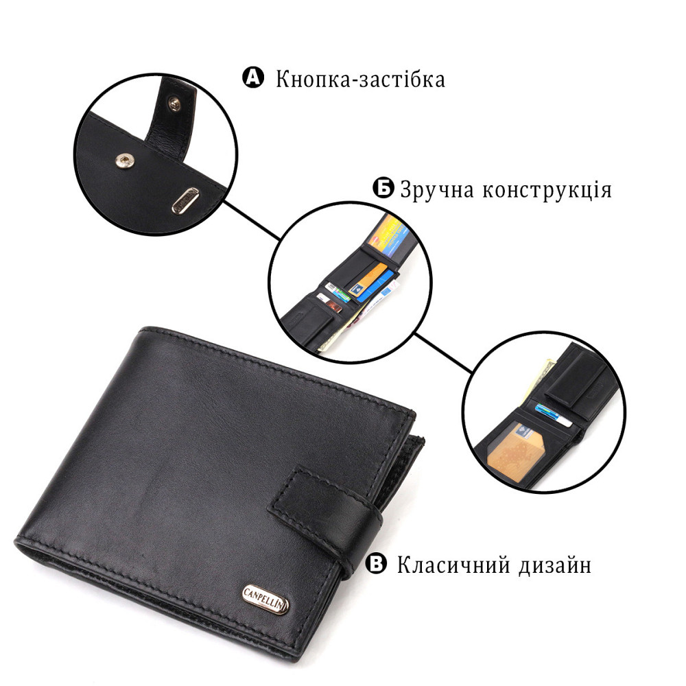 Классический мужской бумажник из натуральной гладкой кожи CANPELLINI 21792 Черный Киев - изображение 7